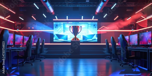 eSports Winner Trophy Standing on a Stage in the Middle of the Computer Video Games Championship Arena. Two Rows of PC for Competing Teams. Stylish Neon Lights with Cool Design.