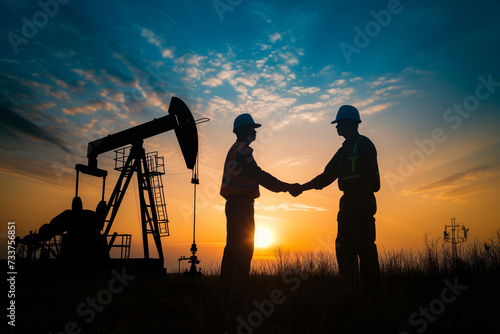 The oilmen raise their hands to each other