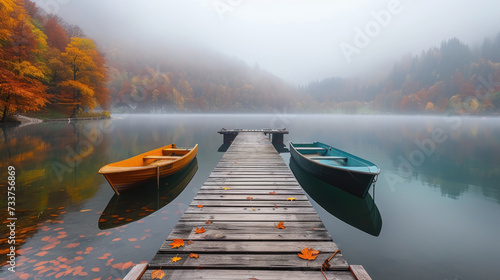 Autumn tranquility on a misty mountain lake with a wooden dock and rowboats