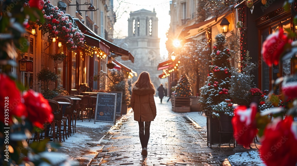 Morning in Paris, a traditional French caf√© and a woman strolling along the street.