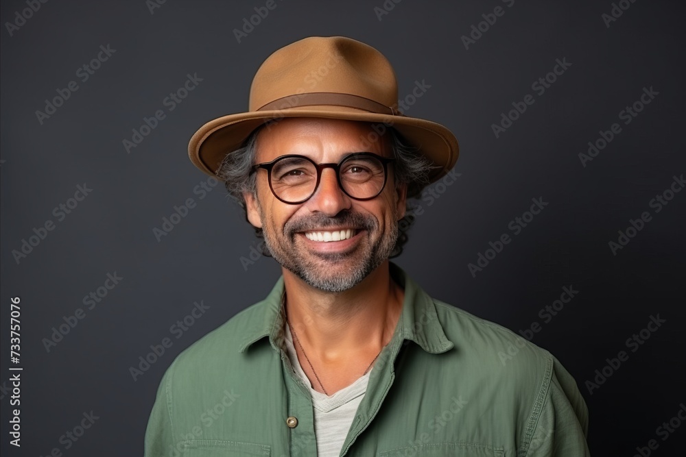 Portrait of a smiling middle-aged man wearing hat and glasses Portrait of a smiling middle-aged man wearing hat and glasses