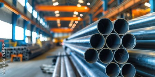 A stack of steel pipes in a warehouse or factory with a blurry background. © bagoesanggito