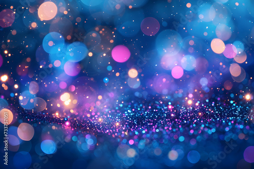 Abstract blue, purple, gold and pink glitter lights background. Unicorn. Circle blurred bokeh. Romantic backdrop for Valentines day, women's day, holiday or event photo
