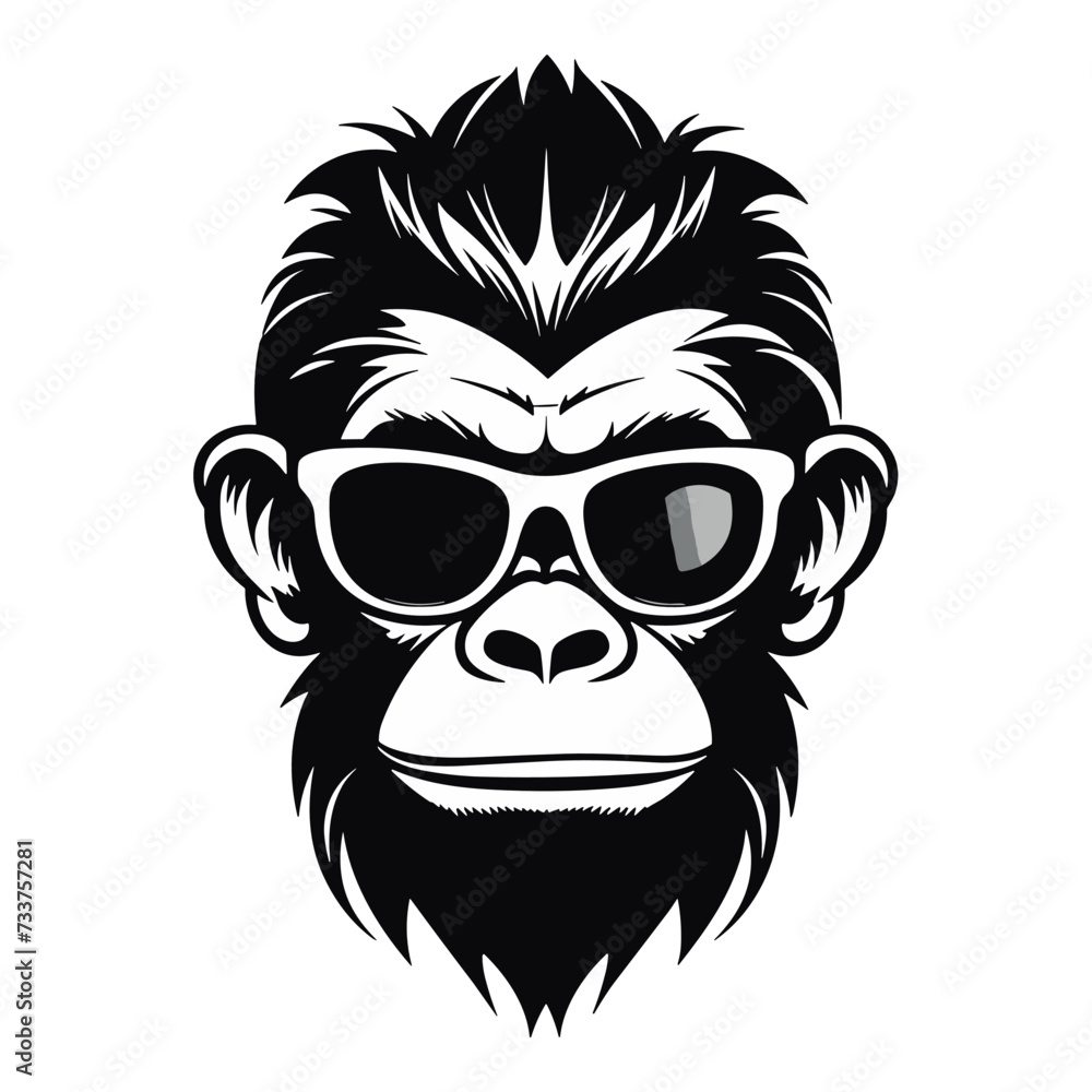 Gorilla in sunglasses. Vector illustration of a monkey with glasses on white background.  Logo silhouette