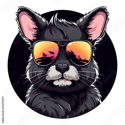 Vector portrait of a chinchilla with sunglasses in the form of a circle  on white background.  Logo silhouette