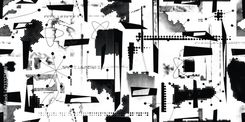 Glitch distorted grungy abstract forms . Halftone dots seamless pattern texture. Grange shapes .Grunge textured . Vector shapes with half tone dots .Screen print endless pattern texture