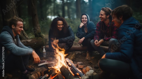 a group of friends sitting around a campfire