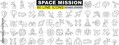 Space Mission, 60 line Icons, Vector Illustration. Astronaut, Rocket, Planets, Aliens, UFOs. Perfect for Web Design, Mobile App. Ideal for Space Exploration and Science Content