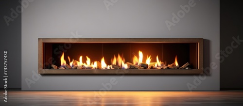 Burning fireplace  warm living room interior  front view. Modern cozy home  empty space. 3d render