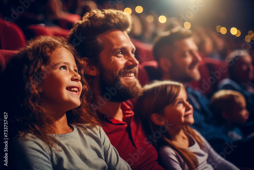 A Man and Two Children Smiling While Watching a Movie