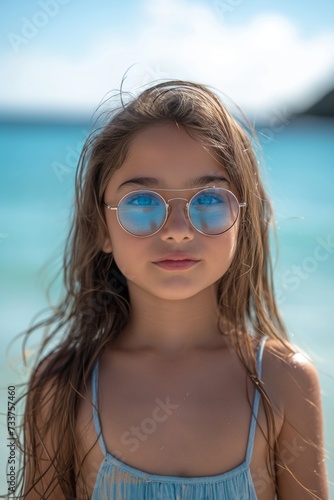 Cute little Indian girl standing near the sea in sunglasses, family vacation © Darya Lavinskaya