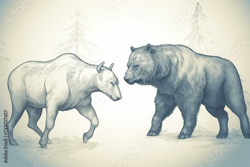 Illustration of a bear and a bull. Generative AI
