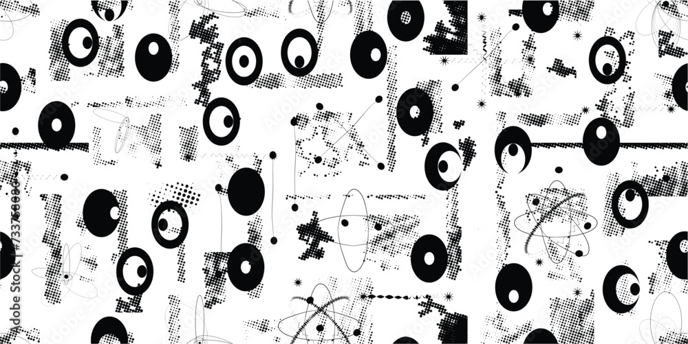 Glitch distorted grungy abstract forms . Halftone dots seamless pattern texture. Grange shapes .Grunge textured . Vector shapes with half tone dots .Screen print endless pattern texture