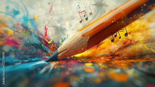 Creative Art Concept with Pencil and Colorful Splashes and Music Notes photo