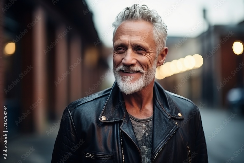 Portrait of a handsome senior man in a leather jacket on the street Portrait of a handsome senior man in a leather jacket on the street
