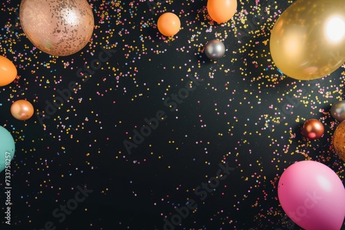 A festive scene with a variety of colorful balloons surrounded by bright confetti pieces against a dark backdrop, suggesting a celebration. 