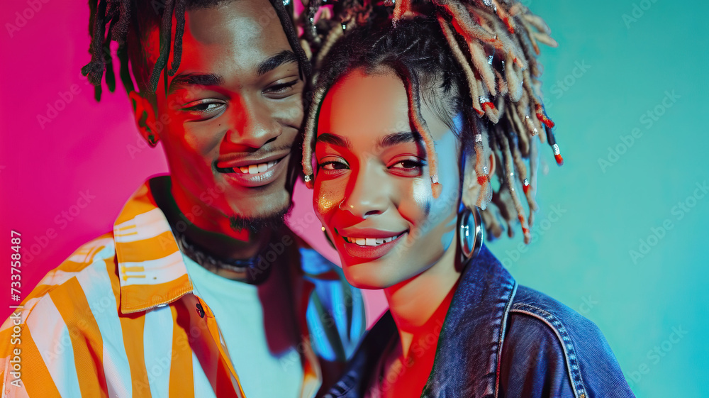 Fototapeta premium Radiant Diversity: A Smiling, Soft Multiethnic Alternative Couple Gazing at the Camera with Warmth and Affection