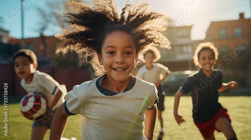 A mixed-race boy play soccer, children playing football, 