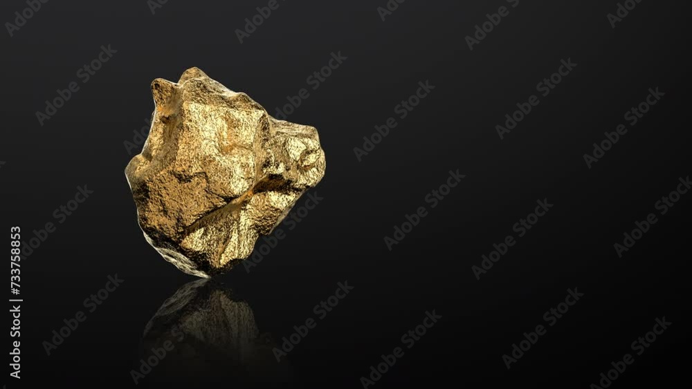 Gold nugget rotating on a dark background. Realistic animation of a rotating shiny precious gold nugget. Seamless animation. Gold nugget rotating on a dark background. Realistic animation of a rotating shiny precious gold nugget. Seamless animation.