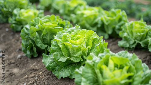Beds with planted Iceberg lettuce. Growing lettuce on plantations. Healthy organic food. Sphere of agriculture, agriculture. Natural nutrition photo