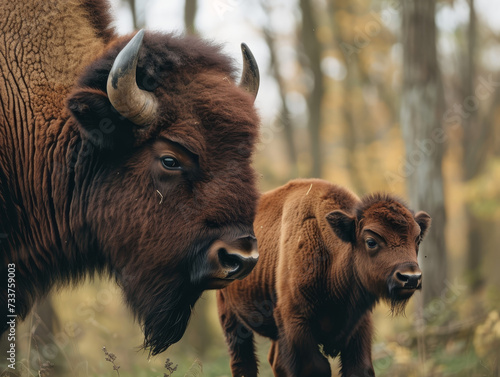 Bison and calf walking together in a forest.