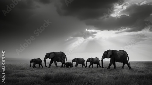Majestic Elephant Family Striding together across the African Plains AI Generated.