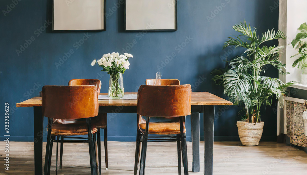 Home mockup, modern dark blue dining room interior with brown leather chairs, wooden table and decor, 3d render Home mockup, modern dark blue dining room interior with brown leather chairs, wooden table and decor, 3d render