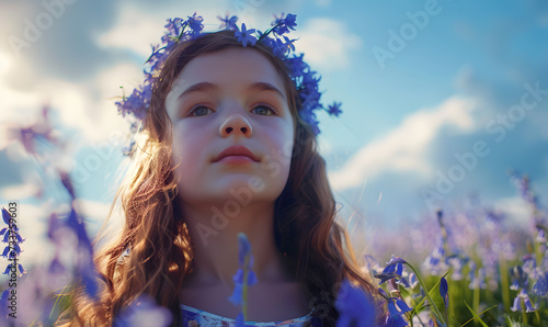 Portrait of beautiful girl in field with bluebell flowers, Generative AI