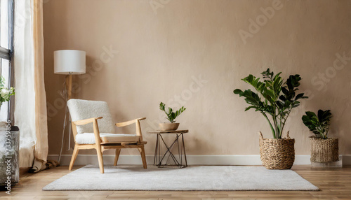 Interior of contemporary minimalist beige style with brown couch  wood floor  and plants. vacant wall mock-up in an illustration. great illustration