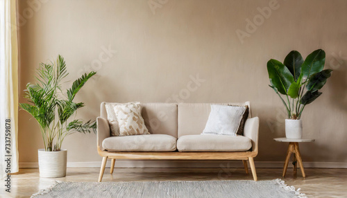 Interior of contemporary minimalist beige style with brown couch  wood floor  and plants. vacant wall mock-up in an illustration. great illustration