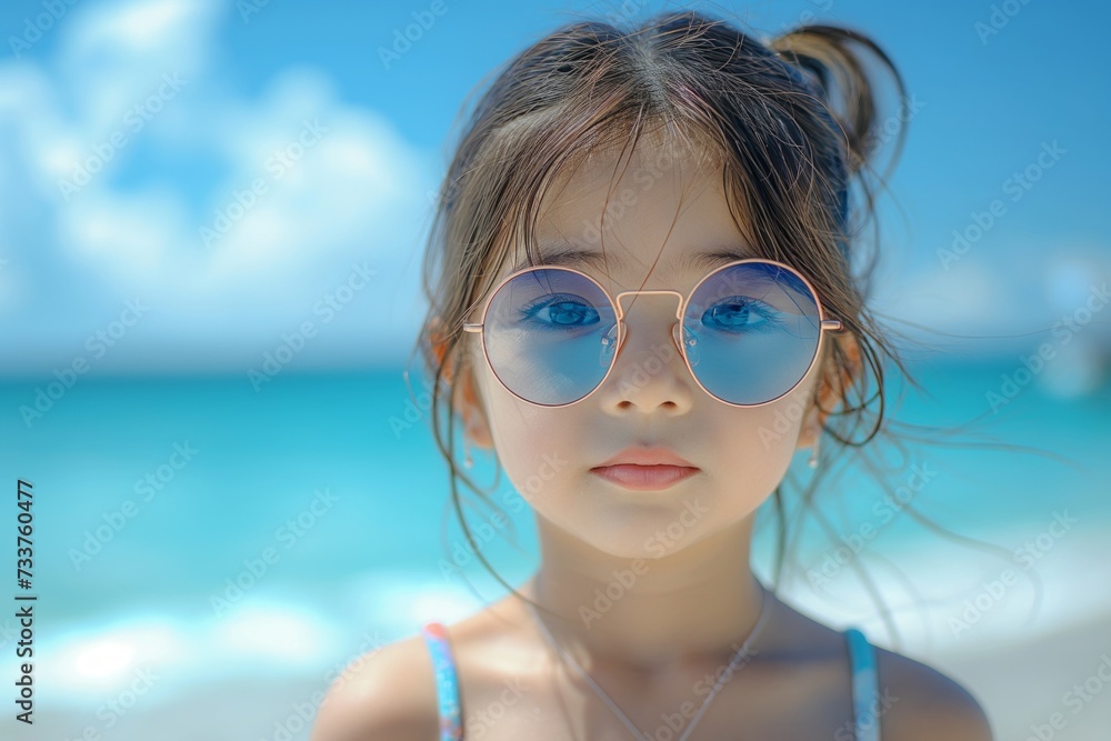 Cute little Asian girl standing near the sea in sunglasses, family vacation Cute little Asian girl standing near the sea in sunglasses, family vacation