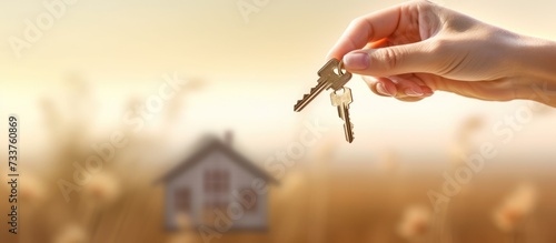 a woman's hand holding a new house key blur house background