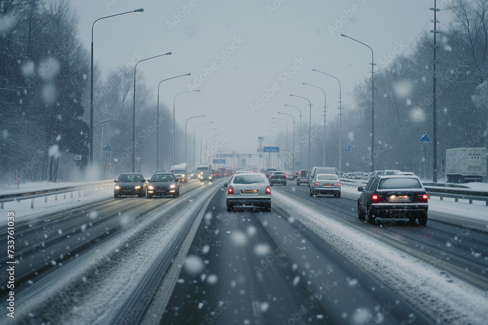 cars on the highway in winter