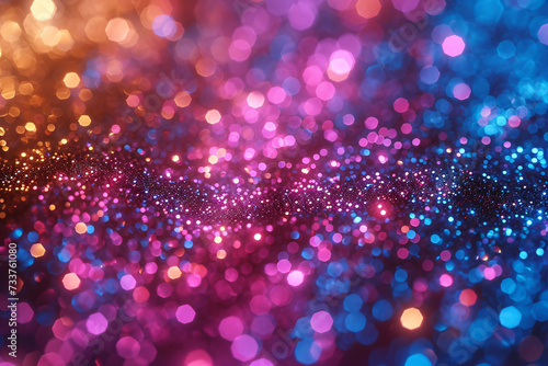Abstract blue, purple, gold and pink glitter lights background. Unicorn. Circle blurred bokeh. Romantic backdrop for Valentines day, women's day, holiday or event