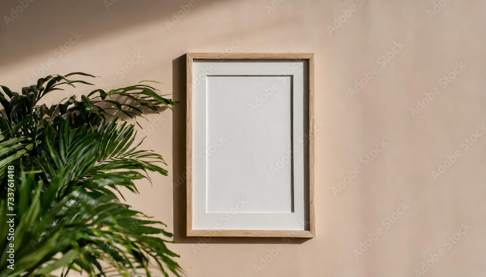 Mockup poster frame close up on wall painted pastel beige color, 3d render Mockup poster frame close up on wall painted pastel beige color, 3d render