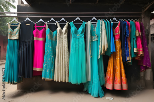 colorful clothes hanging on hangers, indian dress on hanger