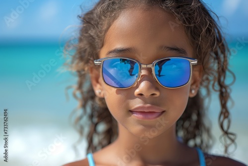 Cute little African American girl standing near the sea in sunglasses, family vacation