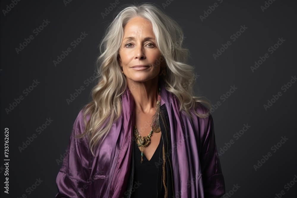 Portrait of a beautiful mature woman with long blond hair and makeup.