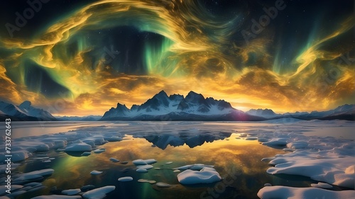 sunset in the mountains A mesmerizing display of golden auroras dancing across a simulated polar sky --