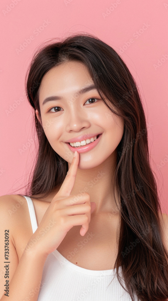 Beautiful young asian woman smile with clean fresh skin Happiness and cheerful with positive emotional,isolated on pink background,Beauty Cosmetics and Facial treatment Concept Beautiful young asian woman smile with clean fresh skin Happiness and cheerful with positive emotional,isolated on pink background,Beauty Cosmetics and Facial treatment Concept