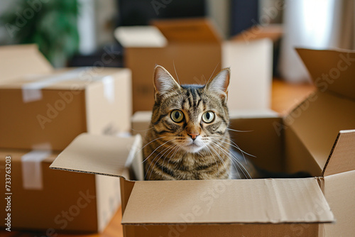 moving, a cat in a cardboard box