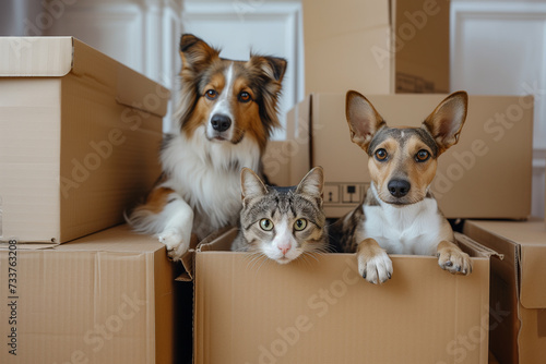 moving, dogs and a cat in a cardboard box © Anastasiia Trembach