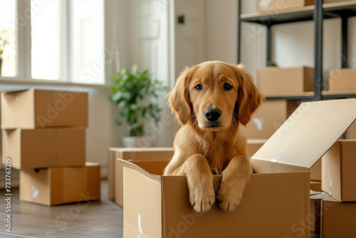 moving, a dog in a cardboard box © Anastasiia Trembach