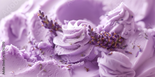 close-up lavender ice cream in a cone with lavender flowers