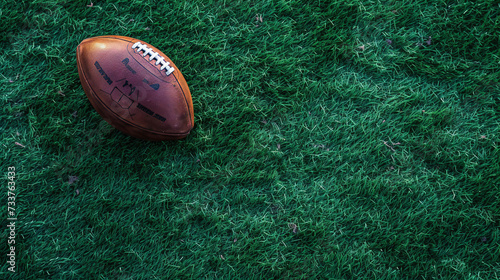 American football ball on green artificial stadium turf background. Top view