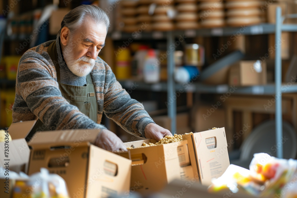 An elderly man packs food for donations An elderly man packs food for donations