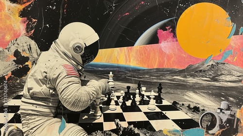 Astronaut playing chess on the moon. Surreal ripped paper collage.