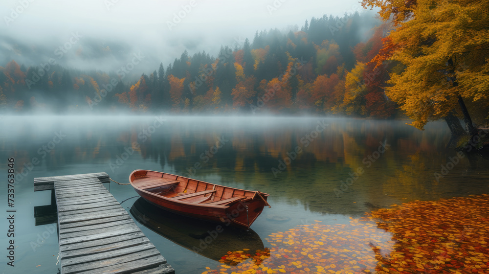 Foggy lake morning with solitary boat and autumnal reflections - obrazy, fototapety, plakaty 