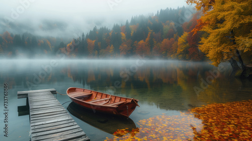 Foggy lake morning with solitary boat and autumnal reflections