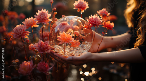 Orange flower in a glass aquarium underwater amidst marine life and coral reef  Woman s hand holding crystal ball with pink dahlia flowers.